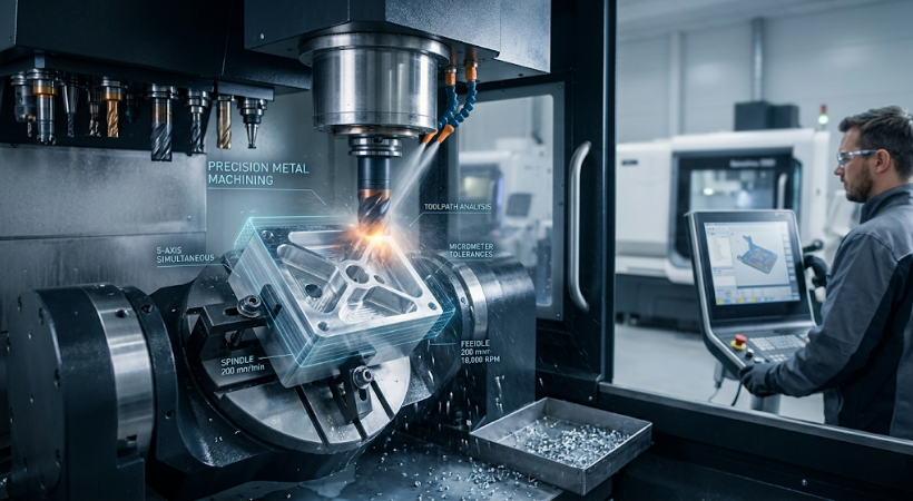 A high-performance multi-axis CNC milling machine spindle precisely machining a metal engine component, with coolant spray and a nearby machine operator monitoring the computerized control panel in a high-tech manufacturing facility.