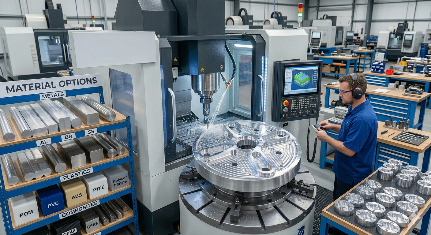 A professional CNC milling operator monitors a precision machining center as it cuts a complex metal part, with a material selection rack displaying options like Aluminum, Stainless Steel, Brass, Titanium, and various plastics and composites.