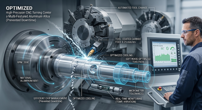 An optimized CNC turning center precisely machines an aluminum shaft with a multi-featured multi-tool turret, featuring automated tool change, real-time monitoring of vibration and temperature, software-optimized toolpath, efficient chip management, and micrometer tolerances.