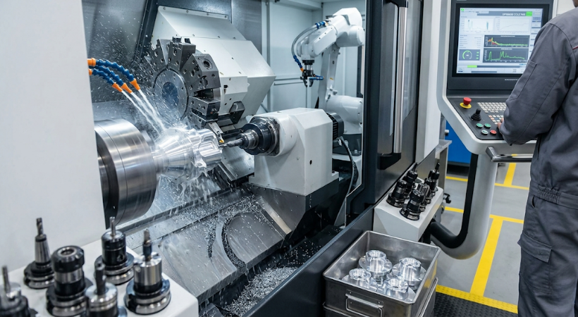 An optimized multi-axis CNC turning machine precisely machining an aluminum component, with an integrated robotic arm for automatic loading/unloading and an operator monitoring data on a computerized control console to reduce manufacturing costs.