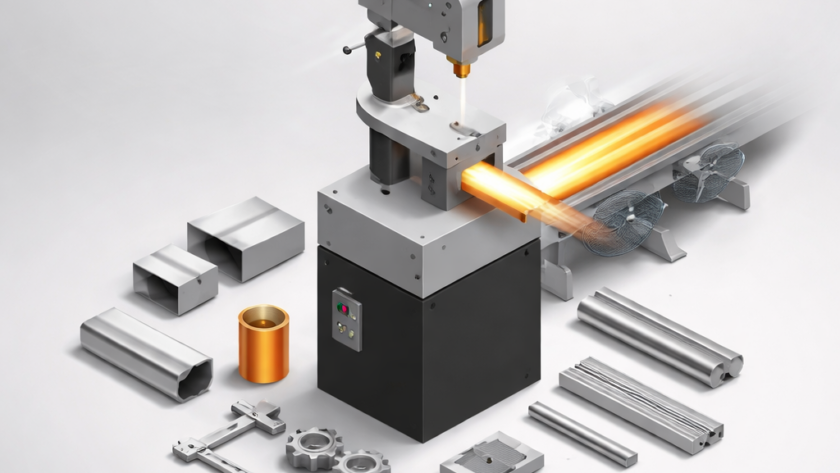 An industrial illustration featuring an advanced machine performing laser cutting or heating operations at its center, set against a white background. A glowing orange metal profile extends from the machine. Aluminum profiles, gears, and metal parts of various shapes are displayed around it from an isometric perspective.
