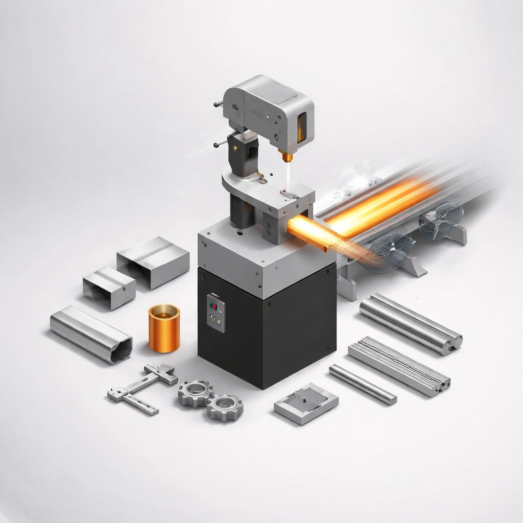 An industrial illustration featuring an advanced machine performing laser cutting or heating operations at its center, set against a white background. A glowing orange metal profile extends from the machine. Aluminum profiles, gears, and metal parts of various shapes are displayed around it from an isometric perspective.